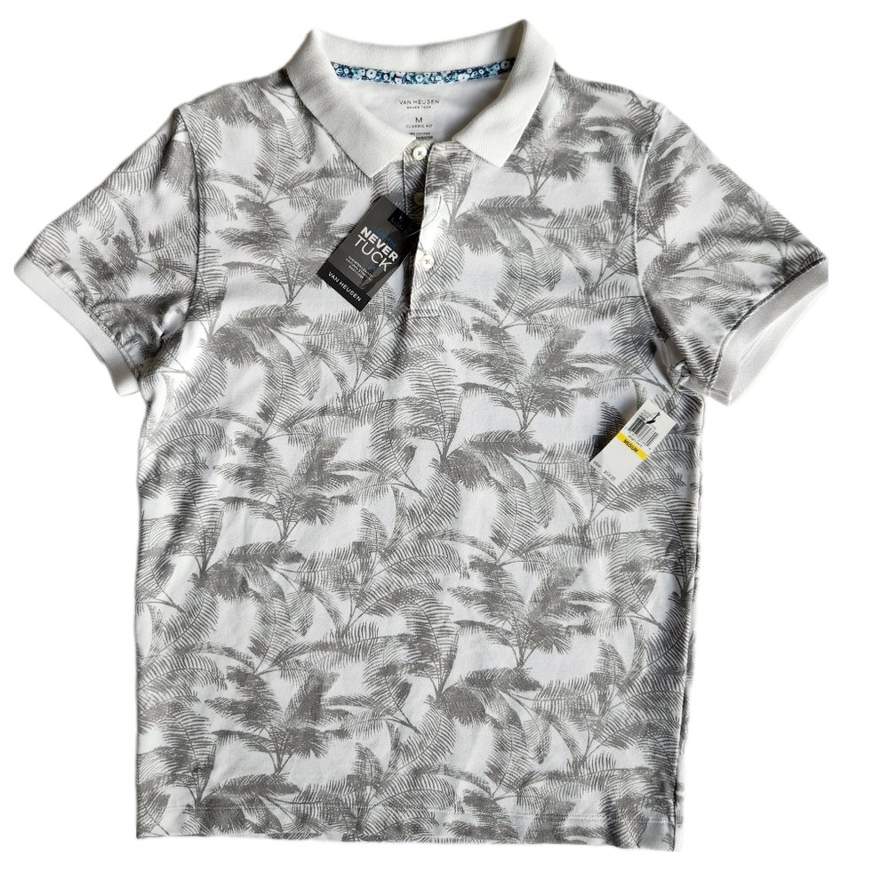 Van Heusen Mens Never Tuck Palm Tree Polo Shirt | White + Gray Size M 5027131131